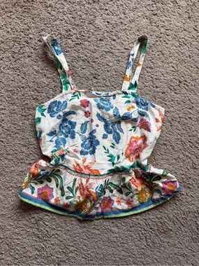 Rachel Zoe multi floral cropped peplum linen blend flounce top size XS